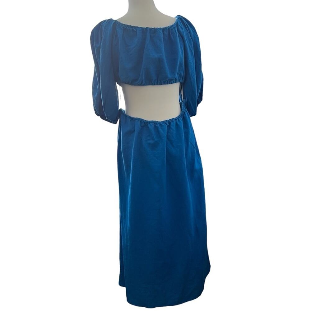 Farm Rio Cutout Knot Waist Linen Blend Puff Sleeve Blue Midi Dress Size M - Picture 4 of 14